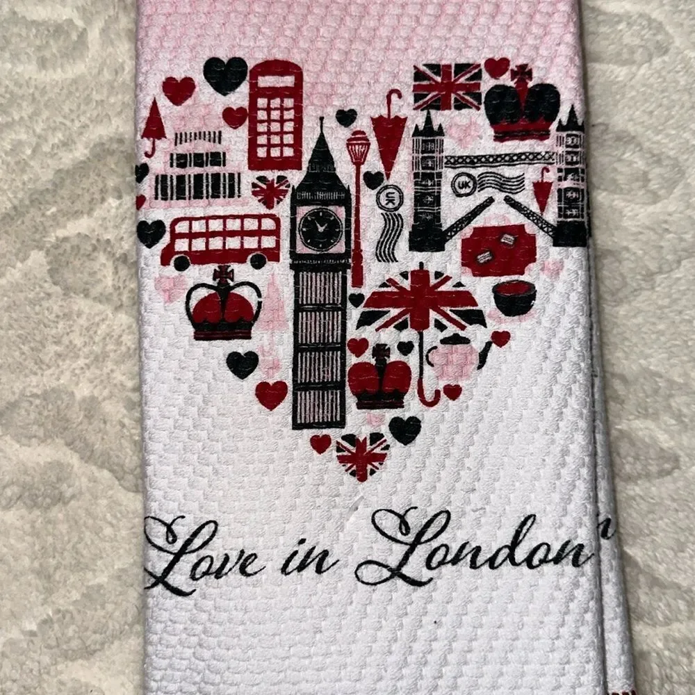 T & C Love in London White Red Pink Black Cotton Kitchen Towels set of 2